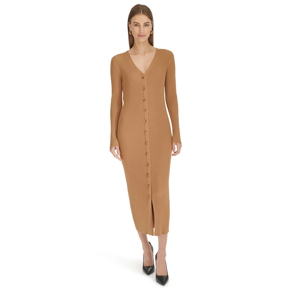 NWT Harper Rose Long Sleeve Button-Up V-Neck Maxi Sweater Dress Tan Size L